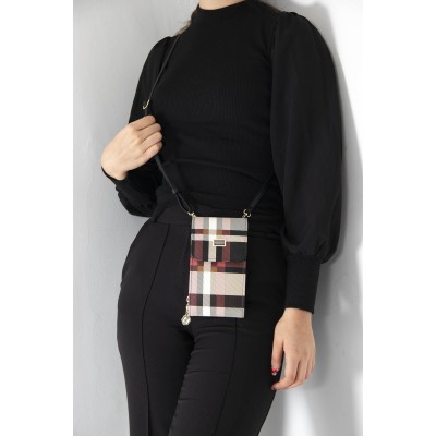 Silver Polo Μαύρο Κόκκινο Γυναικείο Πορτοφόλι & Θήκη Κάρτας/Τηλεφώνου με λουράκι και με μοτίβο καρό