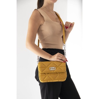 Silver Polo Μουσταρδί Γυναικεία Τσάντα χιαστί μονής θήκης με τριγωνικό μοτίβο