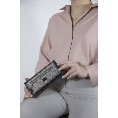 Silver Polo Πλατίνα ανάγλυφο Γυναικείο Πορτοφόλι & Θήκη Κάρτας με δύο θήκες